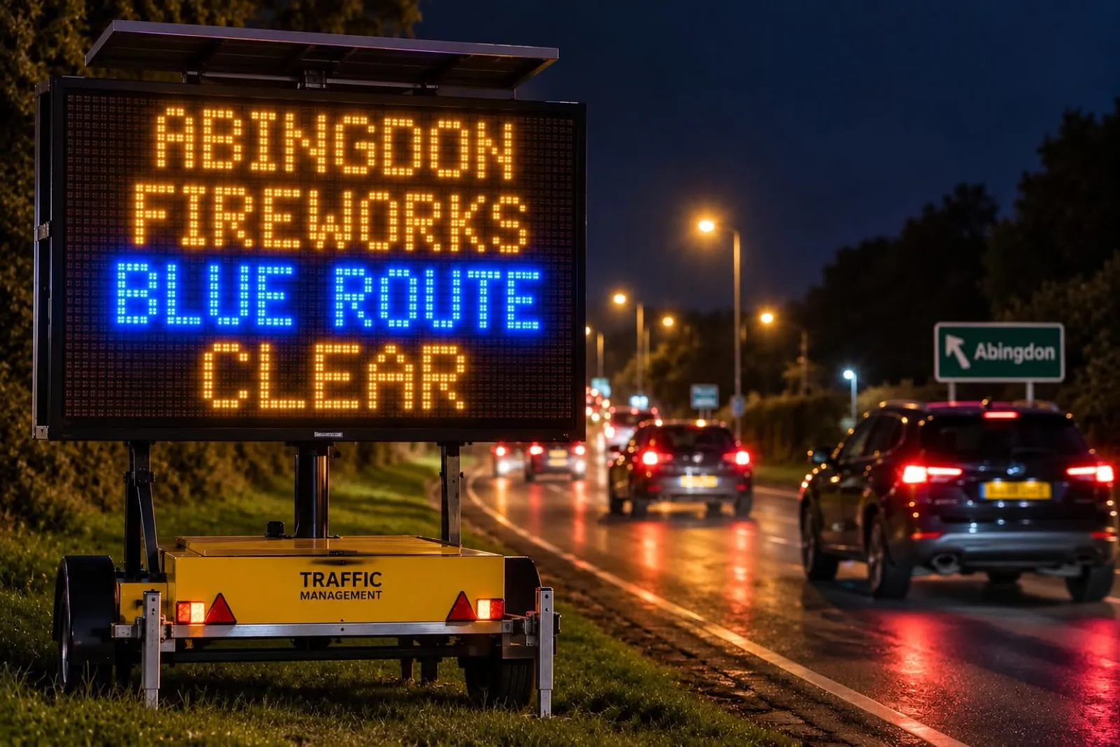 Roadside LED traffic board showing Abingdon Fireworks blue route clear